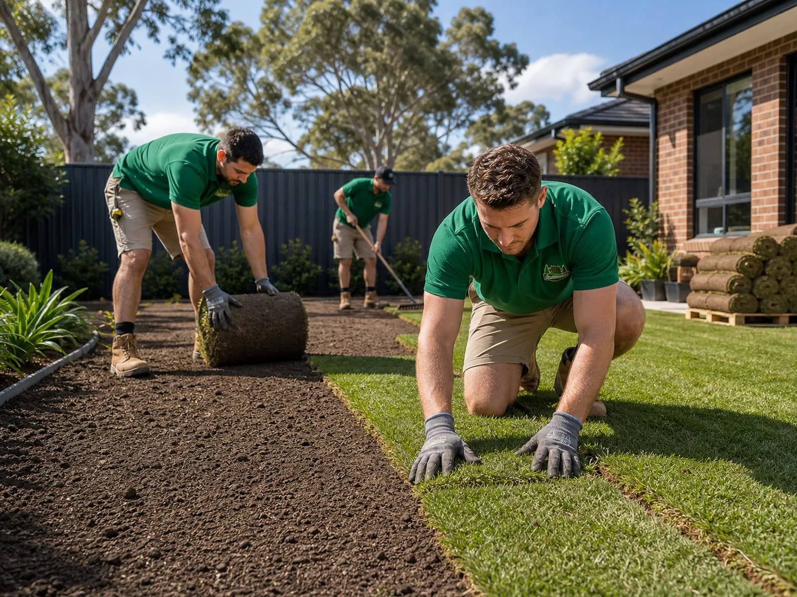 Landscaping crew laying fresh natural turf rolls in a Sydney NSW backyard